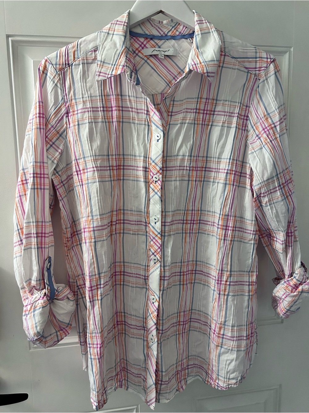 Foxcroft White Button-Down Shirt with Pink & Orange Plaid